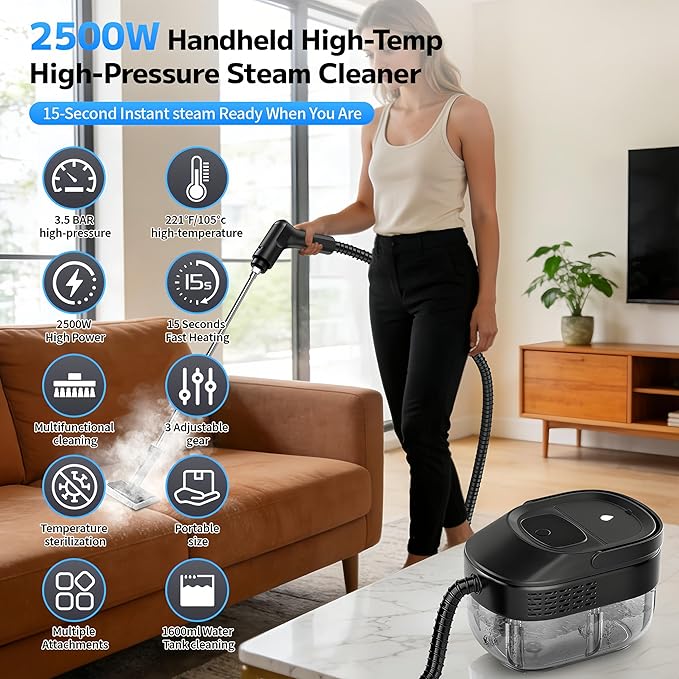 Pressurized Handheld Steam Cleaner 2500W, 54oz Large-Capacity Steamer with 3-Level Adjustable Steam, 15s Heat-Up & 15Pcs Accessories – for Car, Tile, Grout, Couch, Floor, Bed, Dirt, Furniture