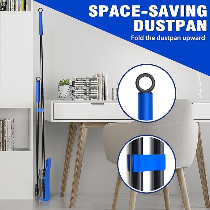 JEHONN Broom and Dust Pan, Upgraded Large Foldable Dustpan with Comb Teeth, 53.5 inches Long Handle Swivel Brush Indoor for Home Kitchen Lobby Floor Cleaning (Blue)