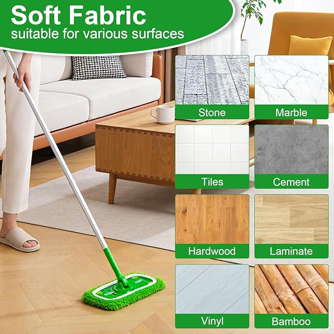 6Pcs Reusable Microfiber Mop Pads Compatible with Swiffer Sweeper Mop, Replacement Dry & Wet Mopping Cloths for Hardwood/Stone Floor Cleaning-Green