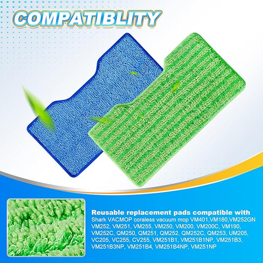 KEEPOW Reusable Microfiber Mop Pads Refills Compatible with Shark VACMOP VM252 VM200 VM401 VM180 VM252GN VC205 VM250 VM190 VM200P12, Upgraded Dirt Chamber for Hard Floor, Blue & Green, 1+1+1+1 Pack