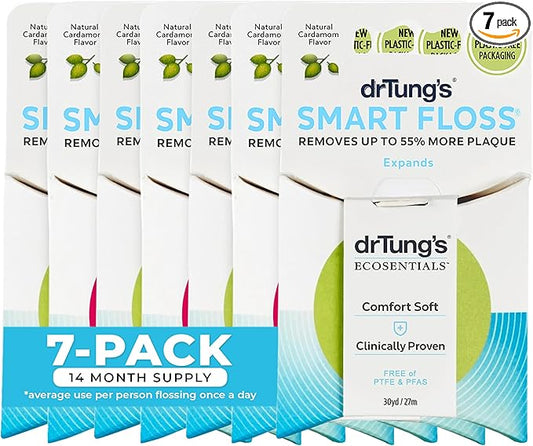 DrTung's Smart Floss - Natural Floss, PTFE & PFAS Free Floss, Gentle on Gums, Expands & Stretches, BPA Free - Natural Dental Floss Cardamom Flavor (Pack of 7)
