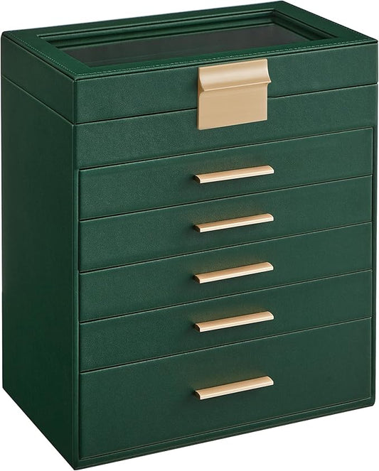 SONGMICS GISELLA Collection - Jewelry Box Organizer, 6-Layer Jewelry Storage with 5 Drawers, Shiny Metal Hardware, Glass Lid, Modern, 6.4 x 9.9 x 11.4 Inches, Forest Green and Gold Color UJBC171C01