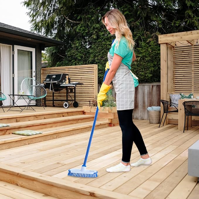 Superio Deck Scrub Brush with Long Handle (54 Inches) Heavy Duty Stiff Bristles Grout Scrubber with Scraper - Cleans Hot Tub, Swimming Pool, Granite Tiles, Bathroom, Patio, Kitchen, Wall and Deck