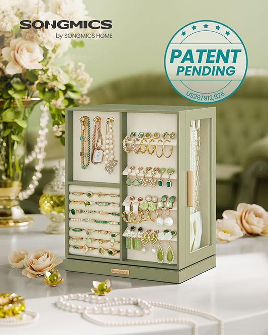 SONGMICS Jewelry Box 360° Rotating, Jewelry Storage Case with 5 Drawers, Jewelry Organizer, Glass Window, Spacious, Vertical Jewelry Storage, Open Design, Great Gift, Laurel Green UJBC170C02