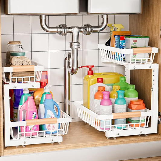 Under Sink Organizer, 2 Pack 2 Tier Under Sink Organizers and Storage, Slide Out Pull Out Cabinet Organizer Shelf, Height Adjustable Metal Drawer for Kitchen Bathroom Closet Organization Rack White