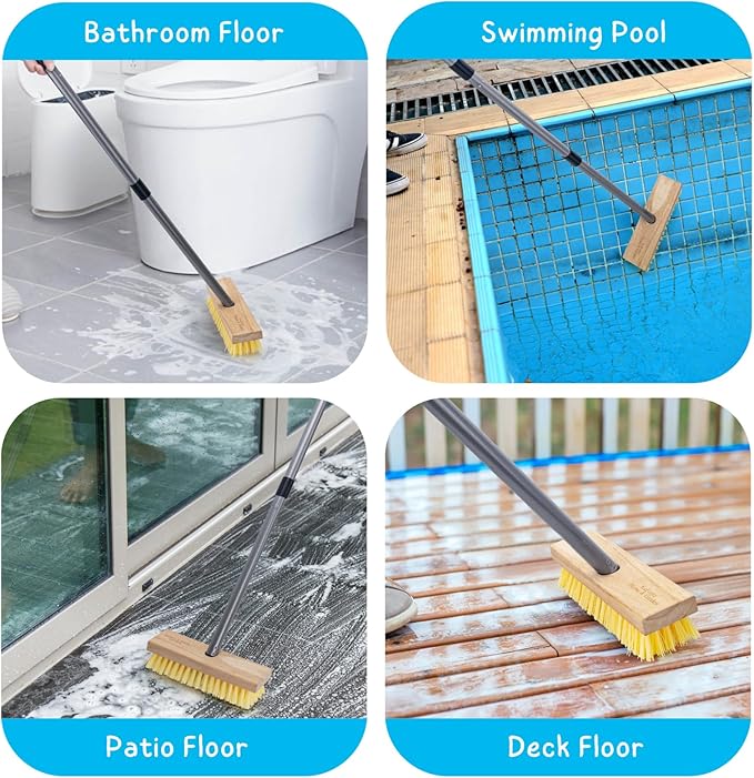 Floor Scrubber Brush with Long Handle for Deck Cleaning, 52'' Stiff Bristle Scrub Broom for Shower, Bathroom, Boat, Concrete, Carpet, Garage