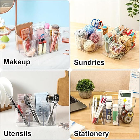 Multiuse Caddy Organizer with Handle - Stackable Plastic Tote Bin - Art Craft Supplies, Office, Desk, Stationery Pen Holder, Kitchen, Utensil, Makeup, Bathroom, Shower, Cleaning, Dorm Organizer -Clear
