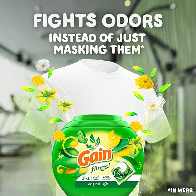 Gain Flings Laundry Detergent Pacs, 76 Count, Original Scent, with Odor Defense, concentrated laundry soap pacs