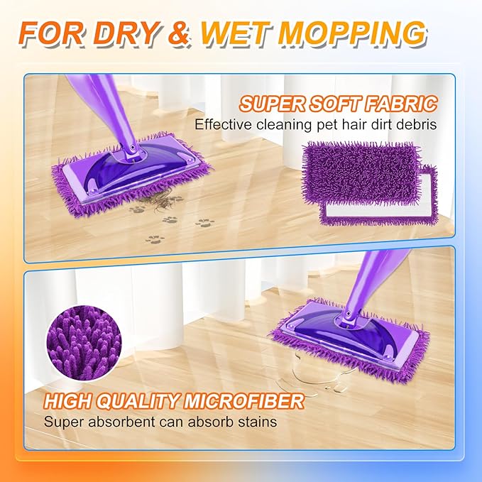 6 Pack Reusable Mop Pads Compatible with Swiffer WetJet Mops, Wet Jet Pads Refills, 12 inch Washable Microfiber Chenilles MopPad for Floor Cleaning Wet Dry Use(Mop is Not Included)