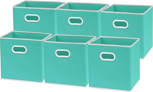 Simple Houseware Foldable Cube Storage Bins with Handles, 11-Inch, Turquoise, 6-Pack, Fabric Cubes Organizer for Closet or Shelves