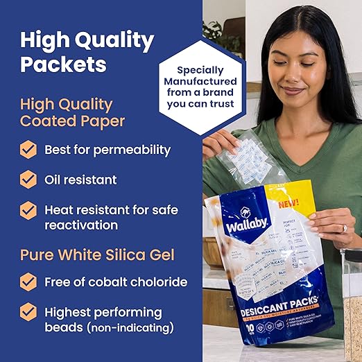 Wallaby 5 gram (20 Packets) Food Safe Pure White Silica Gel Desiccant Dehumidifier Packs - Rechargeable & Coated Moisture Absorbers - Protects Against Moisture Damage - (Packed in 10x Sets of 2)