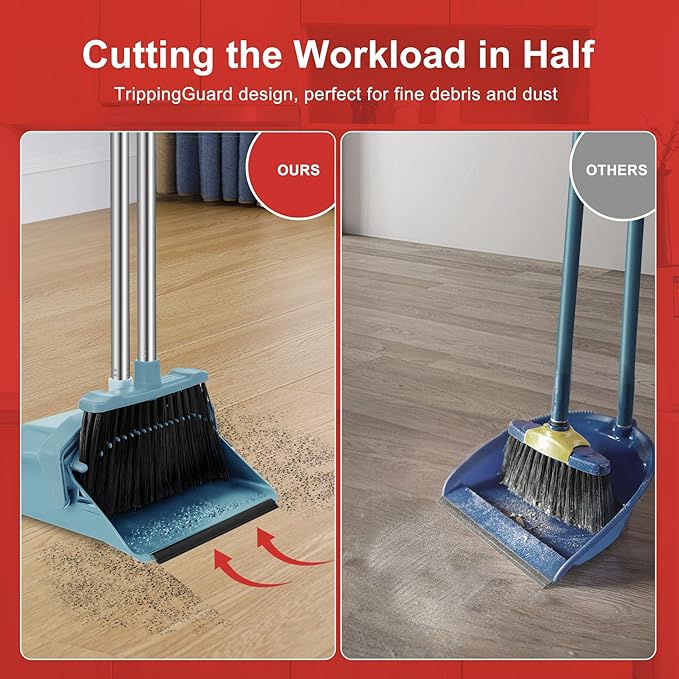 Upgrade Broom and Dustpan Set, Broom with Dustpan Combo Sets, Large Brooms and Dust Pan with Handle, Self-Cleaning Dust Pans, Heavy Duty Broom and Dustpans Set for Lobby Kitchen Office - Green
