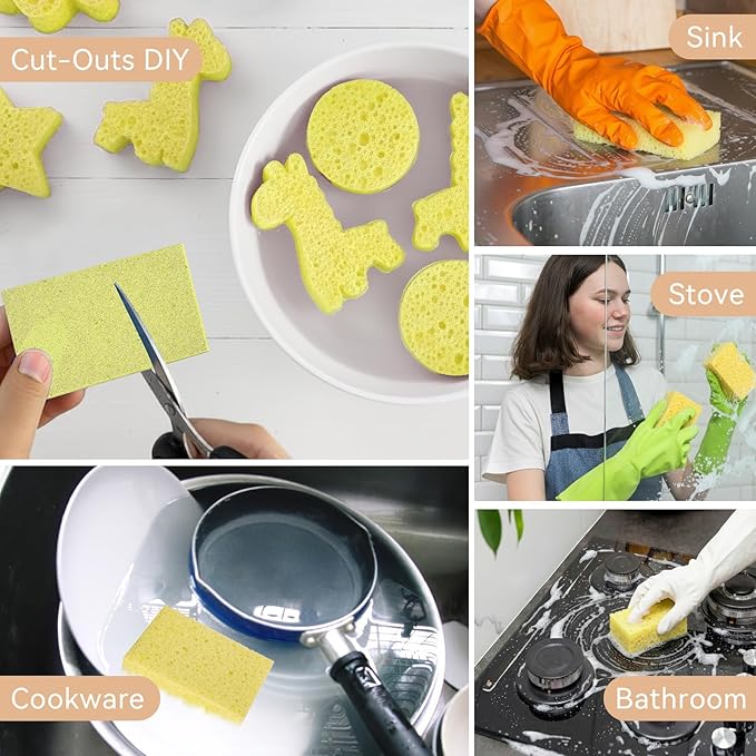 6 Pcs Kitchen Sponges for Dishes Cleaning, Non Scratch for Non Stick Cookware, Compressed Natural Cellulose Sponges, Dish Washing Scrubbers, Scrubbing Pads for Household, Bathroom (Yellow)