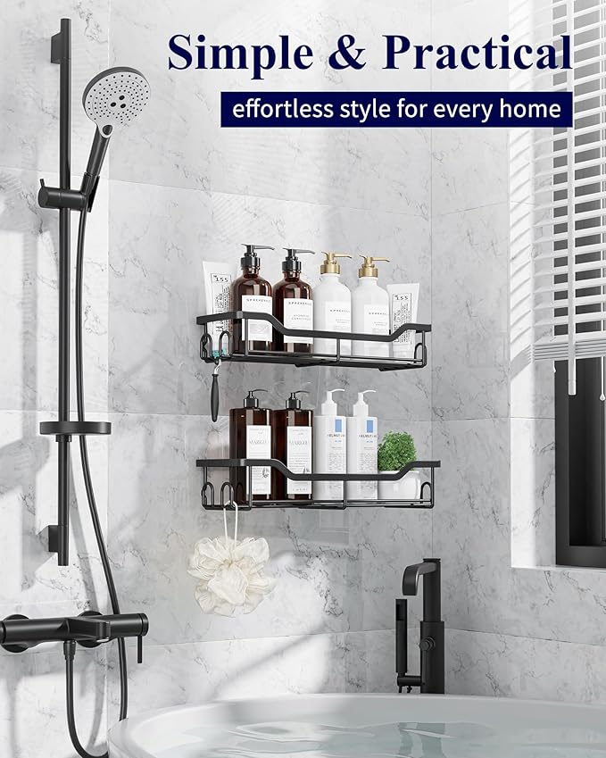 Kitsure Shower Caddy Large - Adhesive Shower Organizer, Stainless Steel Shelf for Inside Shower, No Drill Bathroom Organizers and Storage, Home Decor Accessories, 2 Pack, Black