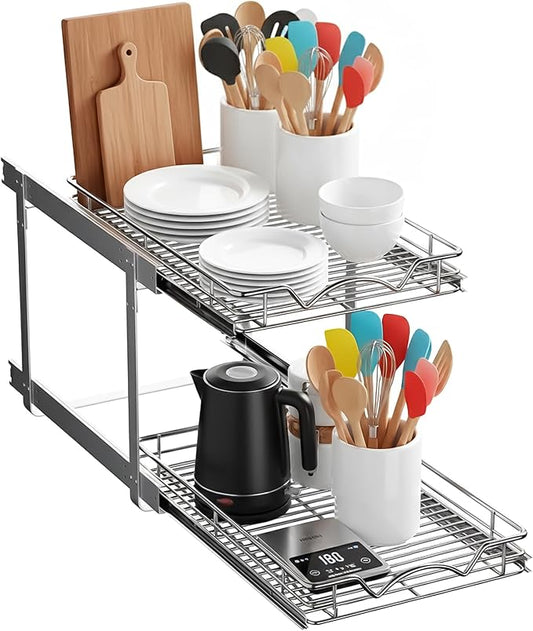 HOLDN’ STORAGE Two Tier Pull Out Cabinet Organizer, Individual Sliding Drawers - Heavy Duty Metal with Lifetime Limited Warranty - Anti Rust Chrome Finish - 14" W x 21”D x 16.5" H