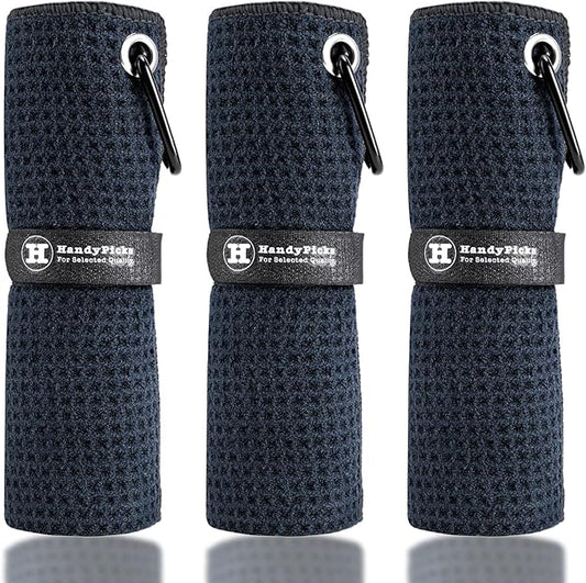 Handy Picks Microfiber Golf Towel (16" X 16") with Carabiner Clip, Waffle Pattern Golf Towel Hook and Loop Fastener - The Convenient Golf Cleaning Towel