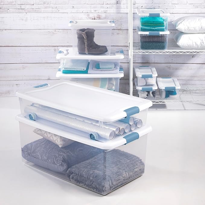 Sterilite 18-Pack Latching Box, Under Bed Storage Bins with Lids, Clear Plastic, 32 Quart - Heavy-Duty Organizing Containers for Closet, Bathroom, and Office