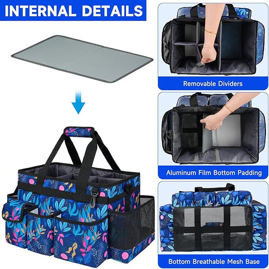 Cleaning Organizer, Large Caddy Bag for Supplies, Housekeeper's Bag with Handle (Blue Leaf)