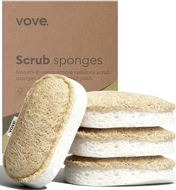 Vove | Premium Natural Kitchen Sponge | Non Scratch | Long Lasting | Waste Free | Compostable Sponge Kitchen | Natural Fiber | Eco-Friendly | Eartch Friendly | Vegan | 4 Pack