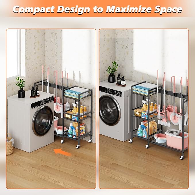 Broom and Mop Holder, Broom Closet Storage Cabinet with Cleaning Supplies Organizer, 2-in-1 Broom Mop and Cleaning Supplies Storage Cleaning Cart, Cleaning Cart with Wheels for Housekeeping