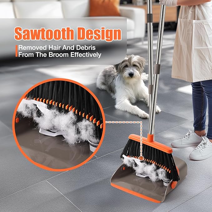 Broom and Dustpan Set, Upgraded Broom with Dustpan Combo Set with 56" Tall Adjustable Handle, Self-Cleaning Teeth, Upright Standing Dust Pan for Heavy Duty Indoor Outdoor Cleaning and Pet Hair