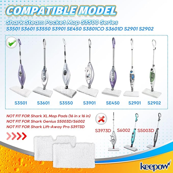 KEEPOW Steam Pocket Mop Replacement Pads Compatible with Shark S3500 Series S3501 S3601 S3550 S3901 SE450 S3801CO S3601D S2901 S2902 Steamer Pocket Mop Washable Microfiber Pads Refills (1 +1 Pack)