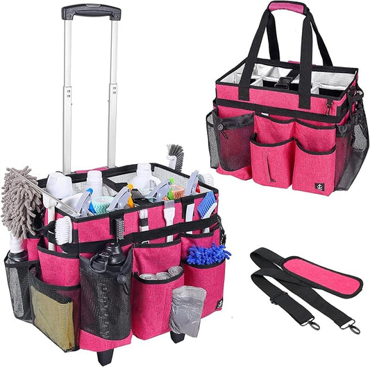 Extra Large Rolling Cleaning Caddy Bag with Detachable, Foldable Trolley Portable Cleaning Cart for Housekeeping Cleaning Caddy with Adjustable Shoulder Strap and Multiple Storage Pockets