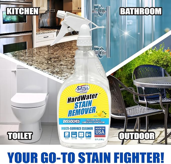 SANI 360° Hard Water Stain Cleaner (32 oz) 60 second multi-surface sealant and cleaner. Reduces buildup, calcium, limescale, rust, and soap scum. Lemon scent MADE IN USA