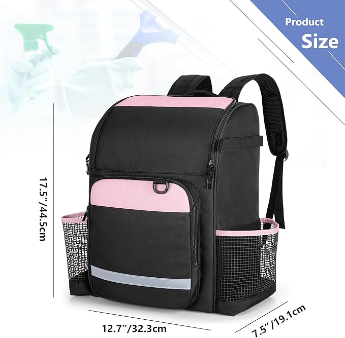 LoDrid Cleaning Bag with Thickened Adjustable Shoulder Straps, Large Cleaning Caddy Organizer with Multiple Pockets for Cleaning and Housework, Pink (Patent Designed)