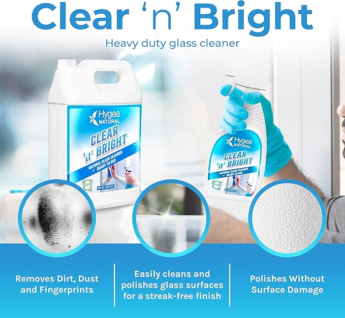 Hygea Natural Clear 'n' Bright - Glass Cleaner Spray - Streak-Free & Ammonia-Free Window Cleaning - Window & Mirror Cleaning Supplies - Safe & Fast with Natural Ingredients (1 Gallon & 24oz Spray)