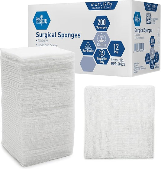 MED PRIDE 4”x 4” Gauze, 200 Surgical Sponges 12-ply Extra Absorbent | All-Gauze, Non-Sterile| Great for Wound Dressing, Prepping, Scrubbing & Cleaning| Essential First-Aid
