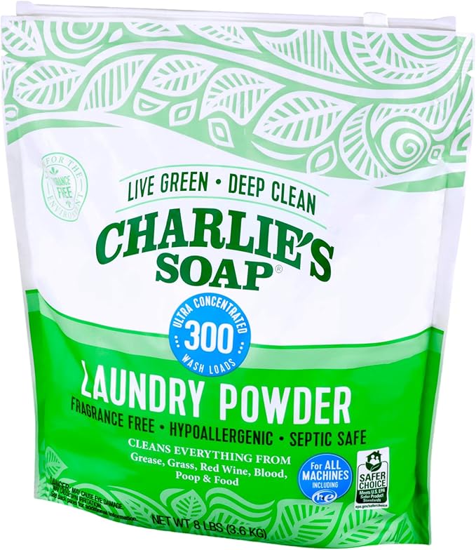 Charlie’s Soap Hypoallergenic Laundry Detergent Powder Baby Gentle 8lb Bag Fragrance Free Plant Based Deep Cleaning – Biodegradable Eco Friendly Sustainable