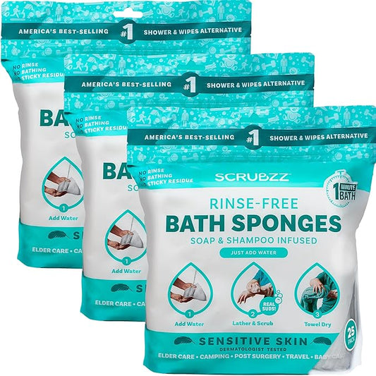 Scrubzz Disposable No Rinse Bathing Wipes for Sensitive Skin - All-in-1 Single Use Shower Wipes, Simply Dampen, Lather, and Dry Without Shampoo or Rinsing (Sensitive Skin, 3-Pack)