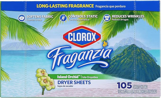 Clorox Fraganzia Fabric Softener Dryer Sheets, Island Orchid Scent - Wrinkle Reducing Scented Softening Laundry Dryer Sheets for Great Smelling Clothes, 105 Count