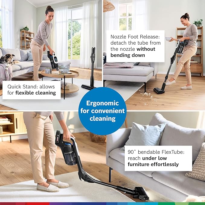 Bosch Unlimited 10 Cordless Stick Vacuum, Up to 80-Min Runtime, 90° Flex Tube, MicroClean Brush, >99.9% Dust Pick-up, HEPA Filter, Pet Hair, Carpets & Hard Floors, 3 Accessories, White
