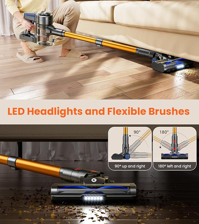 NADALY Cordless Vacuum Cleaner, Powerful Stick Vacuum with 45min Runtime, Anti-Tangle Self-Standing Vacuum Cleaners for Home, 8-in-1 Lightweight Vacuum for Hardwood Floor/Carpet/Pet Hair, Bronzed Gold