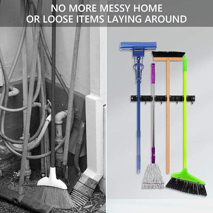 YA MI Mop holder, broom holder, stainless steel wall hanging tool storage device with 4 hooks in 4 positions, suitable for home bathrooms, kitchens, and gardens