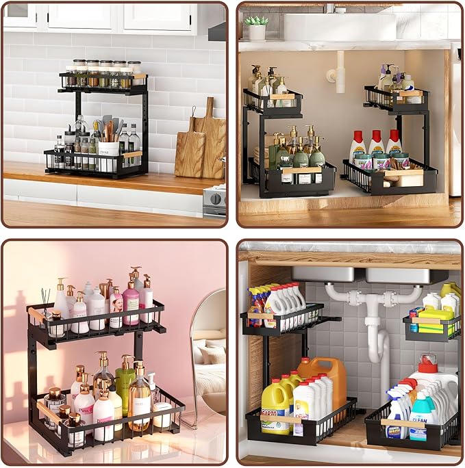 Under Sink Organizer 2-Pack Pull out Cabinet Organizer 2 Tier Metal Shelf Undersink Rack for Kitchen Bathroom Pantry Cabinet Organization and Storage, Black