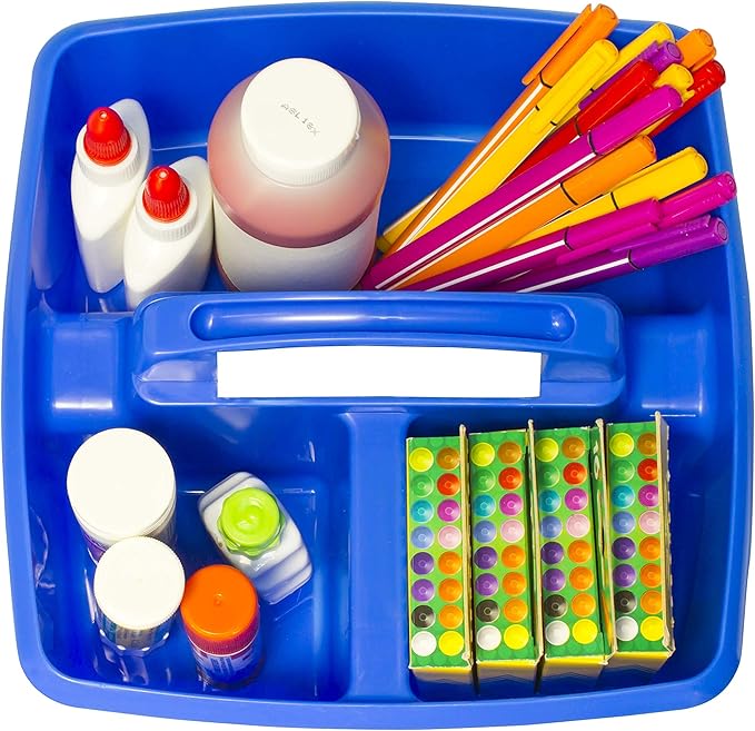 Storex 3-Compartment Small Caddy – Multipurpose Classroom Organizer with Handle, Blue, 5-Pack (00947E06C)