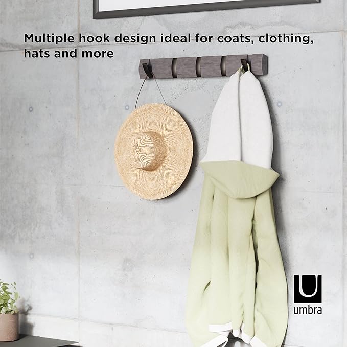 Umbra Flip Wall-Mounted Coat Rack with 8 Hooks – Modern, Space-Saving Storage for Hats, Jackets, Bags, Entryway, Mudroom, Closet, Bathroom, Bedroom – Grey/Pewter