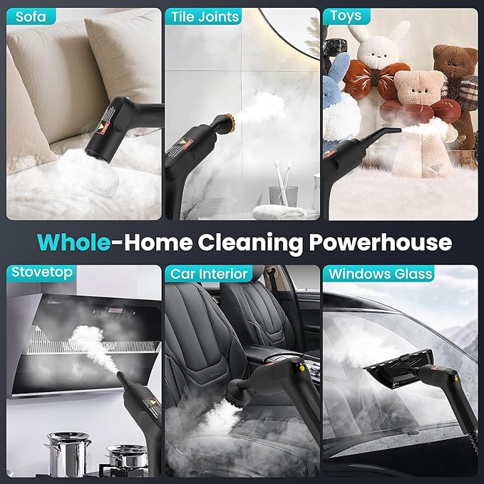 Handheld Steam Cleaner for Home, 2500W High Pressure Steamer, 15s Fast Heat-Up, 1.6L Tank, Portable Steam Cleaner for Car, Floor, Grout, Kitchen, Furniture & Bed Bugs (Black)