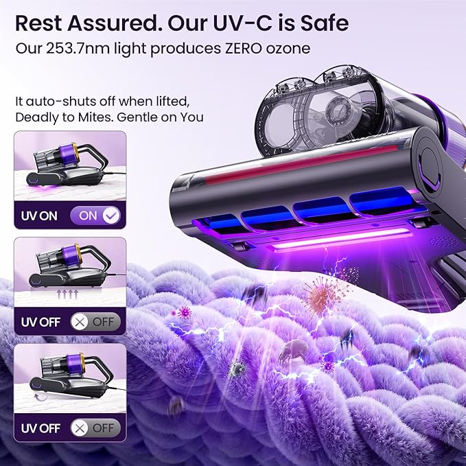 Bed Vacuum Cleaner, Mattress Vacuum with 2 Roller Brushes 253.7nm UV-C Light & Ultrasonic,145°F Heat, HEPA Filter, 18kPa Suction 650W Powerful Handheld Vacuums for Dust & Pet Hair(Corded)