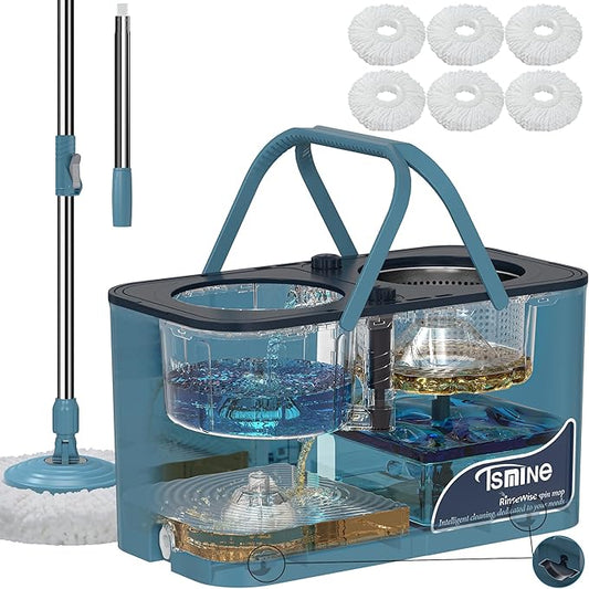 Gen 1 Large-Capacity Spin Mop and Bucket – for Big Homes & Deep Cleaning Days,4-Chamber System Separates Dirty & Clean Water, 2-GAL Heavy-Duty Design with Wheels & 6 Refill Mop Heads - Blue/Grey