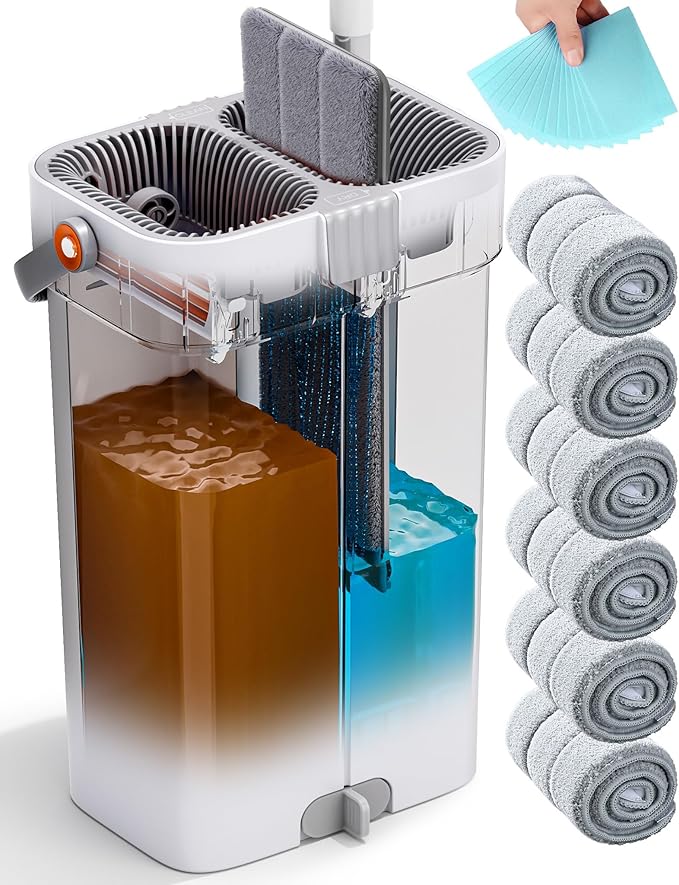 CTIME Large Mop and Bucket Set, Flat Mop and Bucket System, Wall Mop with Adjustable Handle (Max 74 Inches), Mops for Floor Cleaning, 6 Washable 15.74'' Microfiber Mop Pads