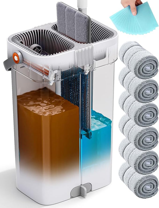 CTIME Large Mop and Bucket Set, Flat Mop and Bucket System, Wall Mop with Adjustable Handle (Max 74 Inches), Mops for Floor Cleaning, 6 Washable 15.74'' Microfiber Mop Pads