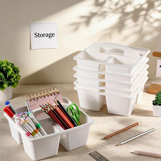 6 Pack Classroom Caddy with Handle Plastic Storage Caddy Organizer with 3 Compartments Desk Caddies Holder Portable Storage Bin for Pencil, Crayon, Marker, Home, Office, School Supplies(White)
