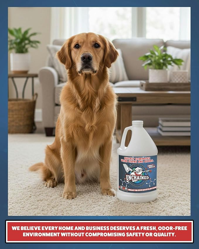 Unchained Urine Stain & Odor Remover – Enzyme Cleaner for Dog & Cat, Pet Odor Eliminator on Carpet & Furniture, Industrial Strength Urine & Feces Neutralizer, Sweet Breeze – 1Gallon