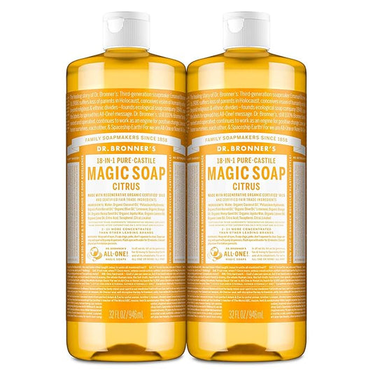 Dr. Bronner's Magic Soap-Pure-Castile Liquid Soap (Citrus, 32oz, 2-Pack)-Regenerative Organic Certified Oils, 18-in-1 Uses: Body, Hair, Laundry, Pets & Dishes, Concentrated, Vegan, Non-GMO