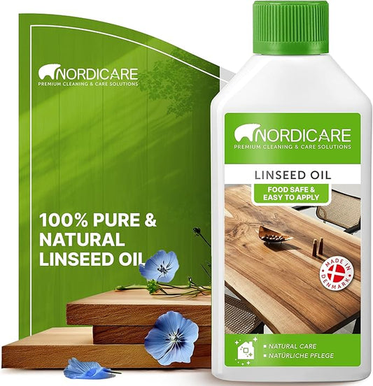 Nordicare Linseed Oil for Wood - 100% Pure & Natural Linseed Oil for Entire Indoor Area - Food-Safe Raw Linseed Oil for Wood Furniture - Underlines the Original Wood Structure - Made in Denmark 16.9oz