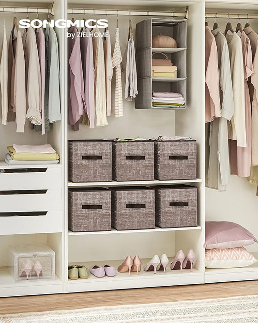 SONGMICS Storage Cubes, 11-Inch Non-Woven Fabric Bins with Double Handles, Set of 6, Closet Organizers for Shelves, Foldable, for Clothes, Walnut Color UROB026K02